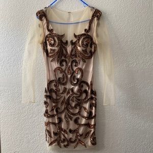 Nude mesh. Bronze sequin.